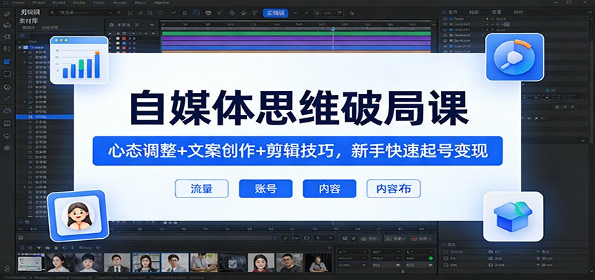 自媒体思维破局课：心态调整+文案创作+剪辑技巧，新手快速起号变现-鼎铸网