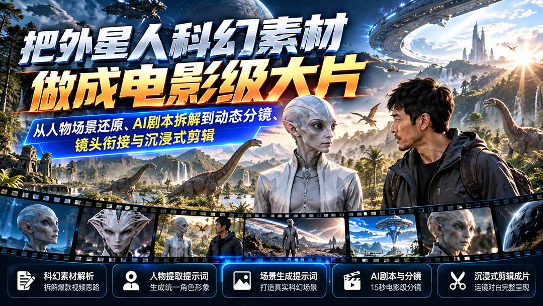 把外星人科幻素材做成电影级大片:从人物场景还原、AI剧本拆解到动态分镜、镜头衔接与沉浸式剪辑-鼎铸网