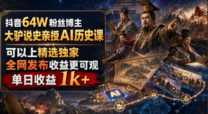 9b9a412ae311a75174489fad91a2e8dc.jpeg 抖音64W粉丝博主大驴说史亲授AI历史课,可以上精选独家,全网发布收益更可观,单日收益1k+
