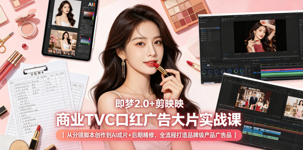 即梦2.0+剪映商业TVC口红广告大片实战课|从分镜脚本创作到AI成片+后期精修,全流程打造品牌级产品广告-鼎铸网