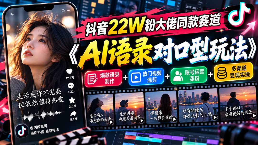 9c8eb60d68ff898d6d4e5b19a25a29cf.jpeg 抖音22W粉大佬同款赛道《AI语录对口型玩法》:爆款语录制作+热门视频混剪+账号运营涨粉+多渠道变现实操