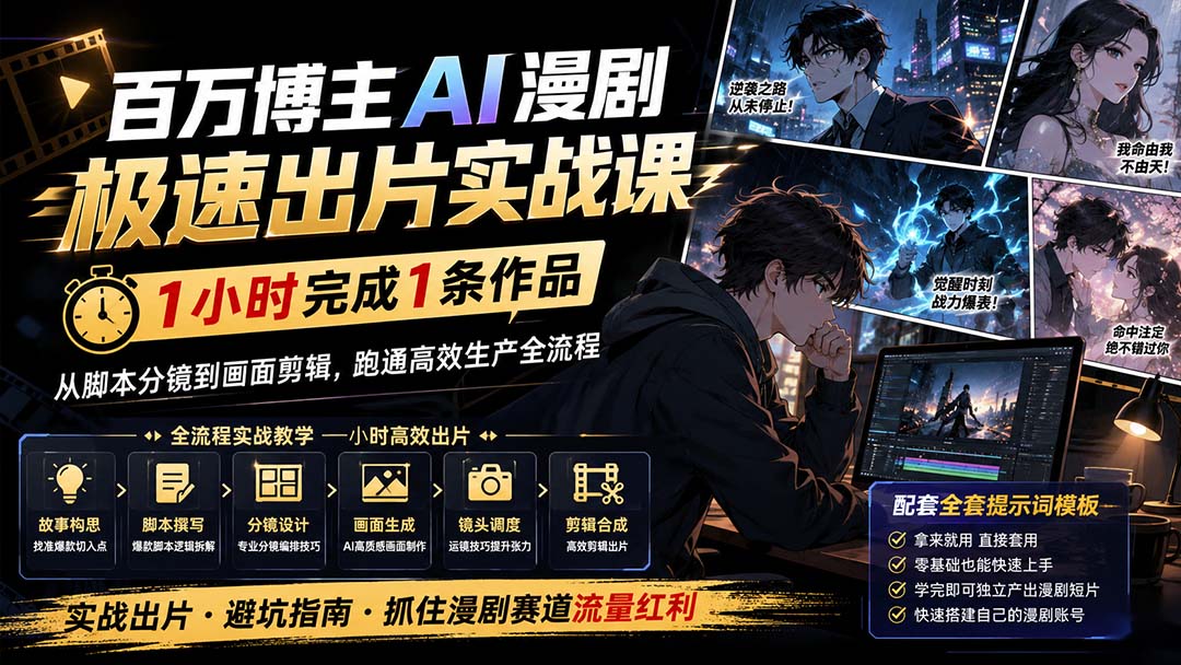 百万博主AI漫剧极速出片实战课：1小时产出条作品，从脚本分镜到画面剪辑，跑通高效生产全流程-鼎铸网