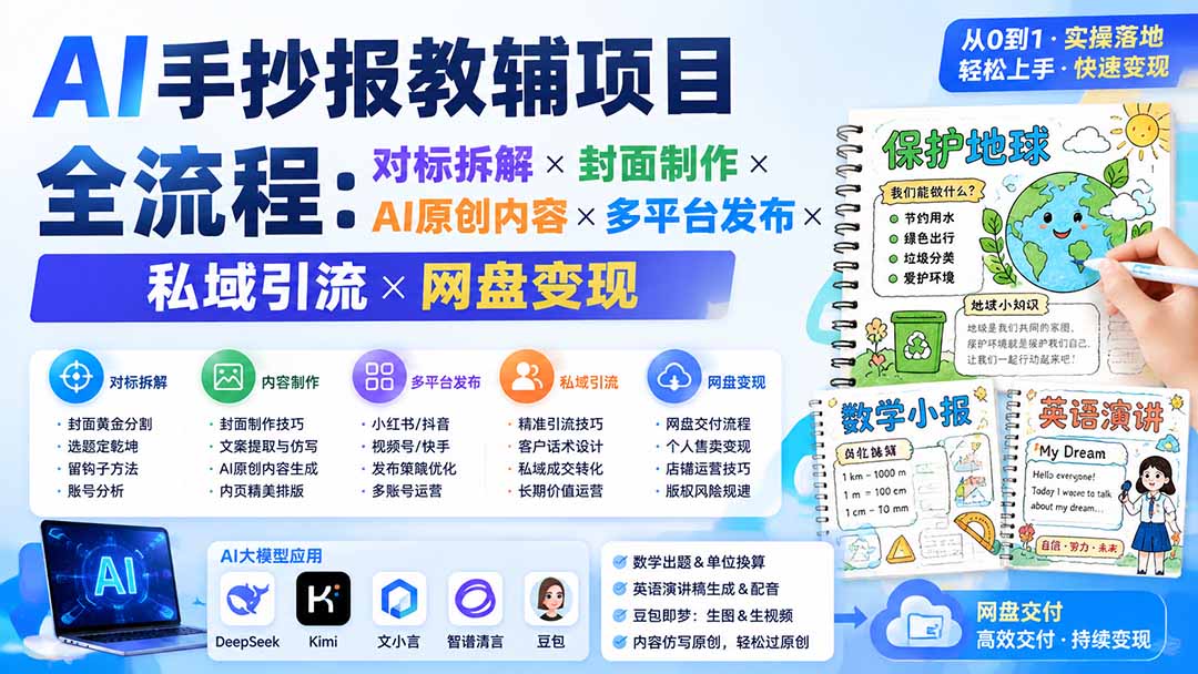 AI手抄报教辅项目全流程：对标拆解×封面制作×AI原创内容×多平台发布×私域引流×网盘变现-鼎铸网