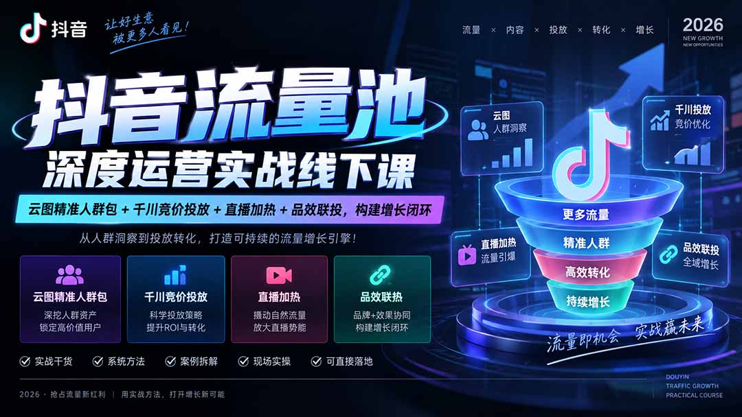 抖音流量池深度运营实战线下课｜云图精准人群包+千川竞价投放+直播加热+品效联投，构建增长闭环-鼎铸网