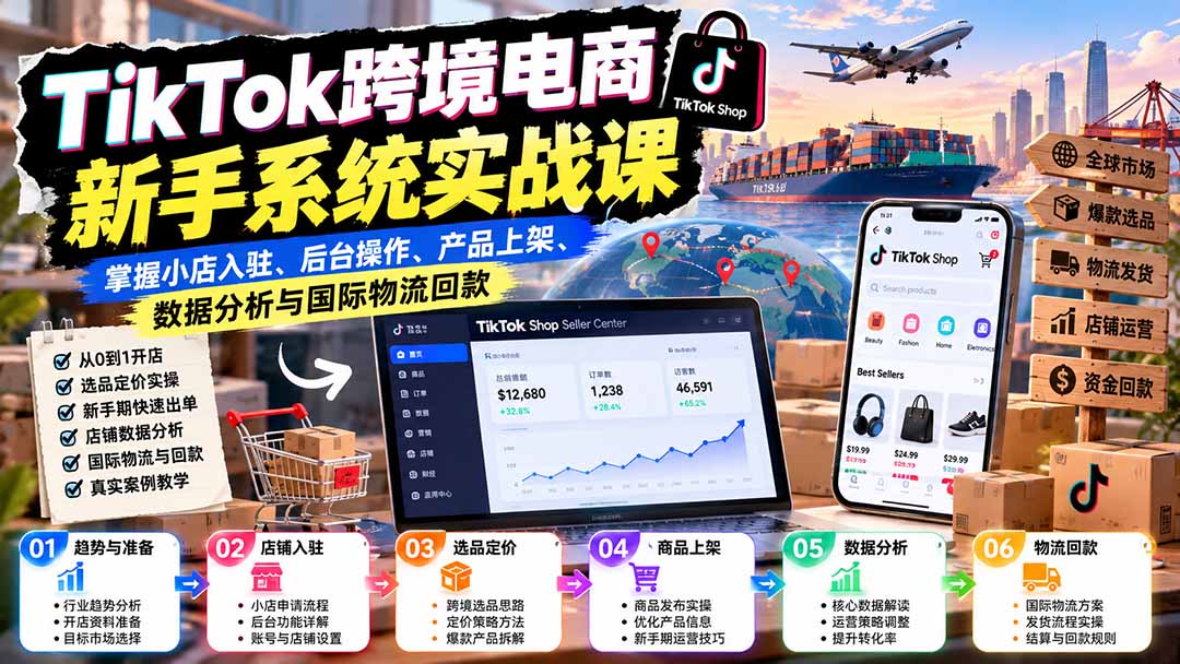 TikTok跨境电商新手系统实战课：掌握小店入驻、后台操作、产品上架、数据分析与国际物流回款-鼎铸网