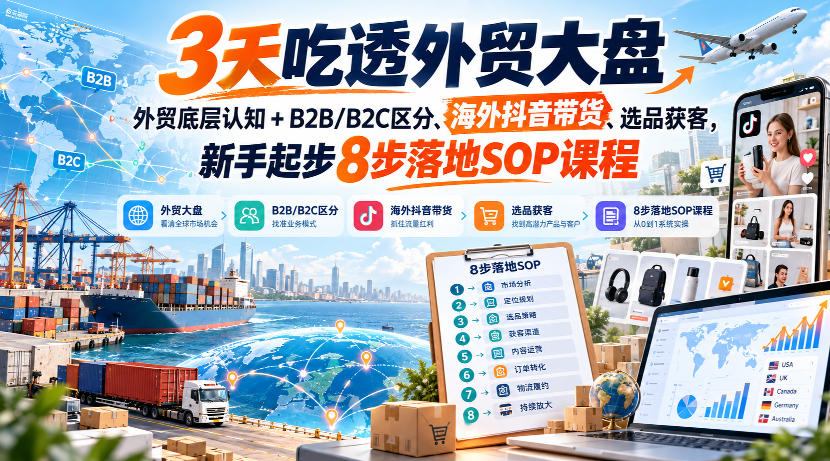 3天吃透外贸大盘，外贸底层认知+B2B/B2C区分、海外抖音带货、选品获客，新手起步8步落地SOP课程-鼎铸网