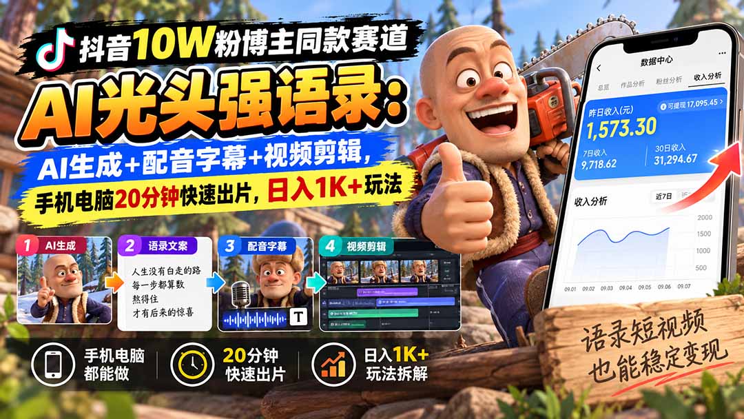 9efc48879f81dd31e06d133fd15297a8.jpeg 【无水印】抖音10W粉博主同款赛道AI光头强语录:AI生成+配音字幕+视频剪辑,手机电脑20分钟快速出片,日入1K+玩法