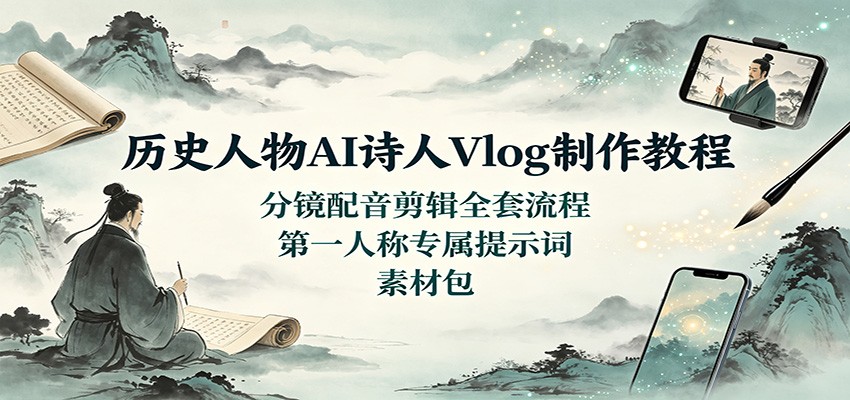历史人物AI诗人Vlog制作教程：分镜配音剪辑全套流程，第一人称专属提示词素材包-鼎铸网