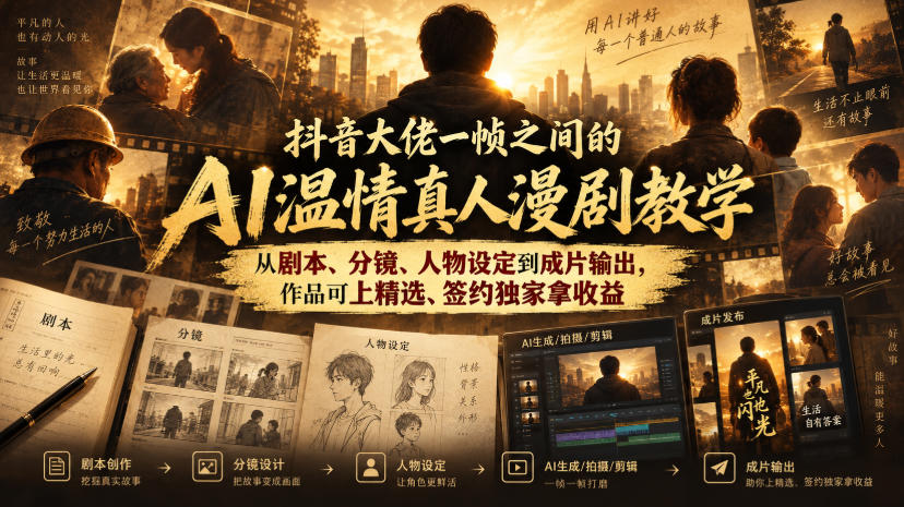 抖音大佬一帧之间的AI温情真人漫剧教学，从剧本、分镜、人物设定到成片输出，作品可上精选、签约独家拿收益-鼎铸网