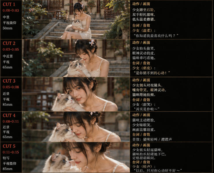 9fe7aab24ced45d0517bc11c894c9c88.jpeg 美女和猫故事提示词,人物一致性提示词+故事板