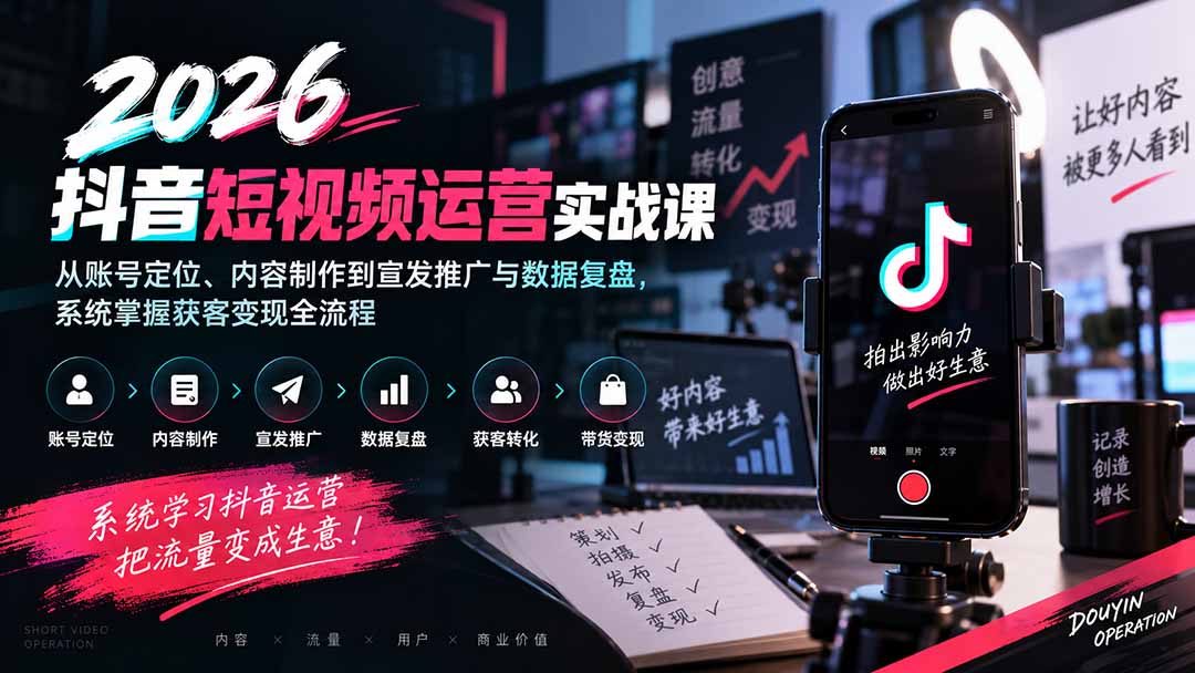 a047e1e616bca3e0bda53d792fad0999.jpeg 2026抖音短视频运营实战课:从账号定位、内容制作到宣发推广与数据复盘,系统掌握获客变现全流程