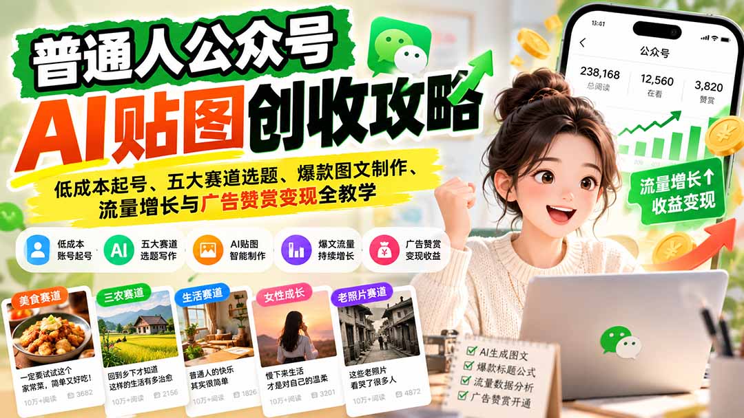 a0de185e51564b1fcc943bd084f98bf3.jpeg 普通人公众号AI贴图创收攻略:低成本起号、五大赛道选题、爆款图文制作、流量增长与广告赞赏变现全教学
