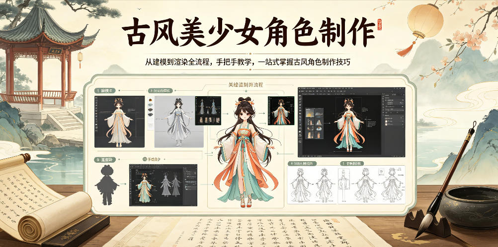 古风美少女角色制作,从建模到渲染全流程,手把手教学,一站式掌握古风角色制作技巧-鼎铸网
