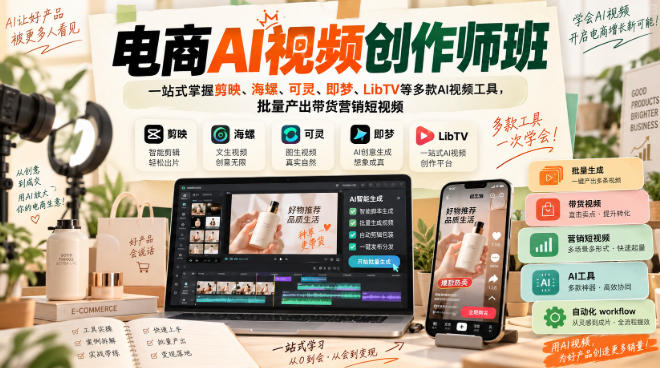a1b74419dbd4abccf804b4bcf0ea50b0.jpeg 电商AI视频创作师班,一站式掌握剪映、海螺、可灵、即梦、LibTV等多款AI视频工具,批量产出带货营销短视频