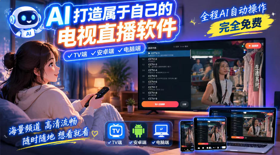 a1c8de9b0bf27e37f90cc2793496f9bc.jpeg 一个提示词,AI全自动做出电视直播软件,电脑、安卓、电视三端通用,完全免费,画质流畅不卡顿