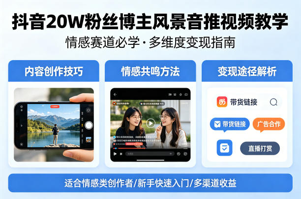 抖音20W粉丝博主风景音推视频教学，情感赛道必学，各种变现途径-鼎铸网