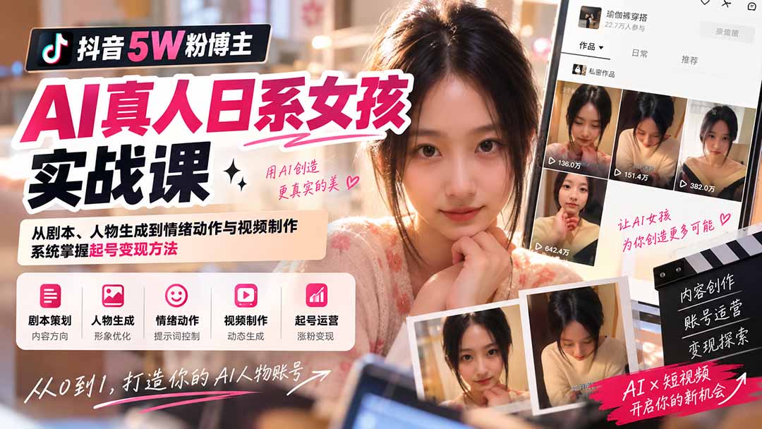 抖音5W粉博主AI真人日系女孩实战课：从剧本、人物生成到情绪动作与视频制作，系统掌握起号变现方法-鼎铸网