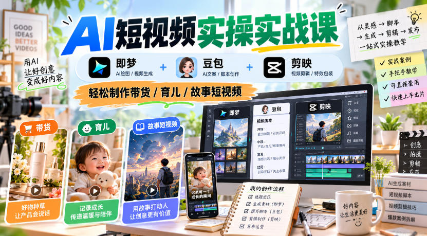 AI短视频实操实战课，即梦+豆包+剪映，轻松制作带货/育儿/故事短视频-鼎铸网