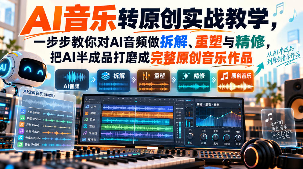 AI音乐转原创实战教学，一步步教你对AI音频做拆解、重塑与精修，把AI半成品打磨成完整原创音乐作品-鼎铸网