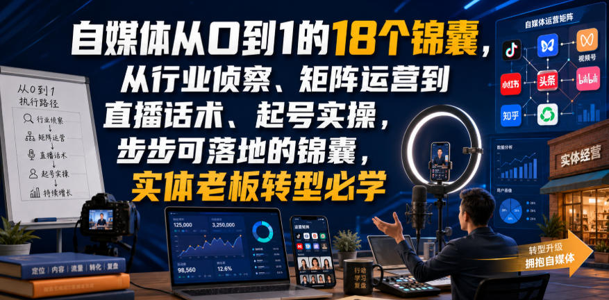 自媒体从0到1的18个锦囊,从行业侦察、矩阵运营到直播话术、起号实操,步步可落地的锦囊,实体老板转型必学-鼎铸网