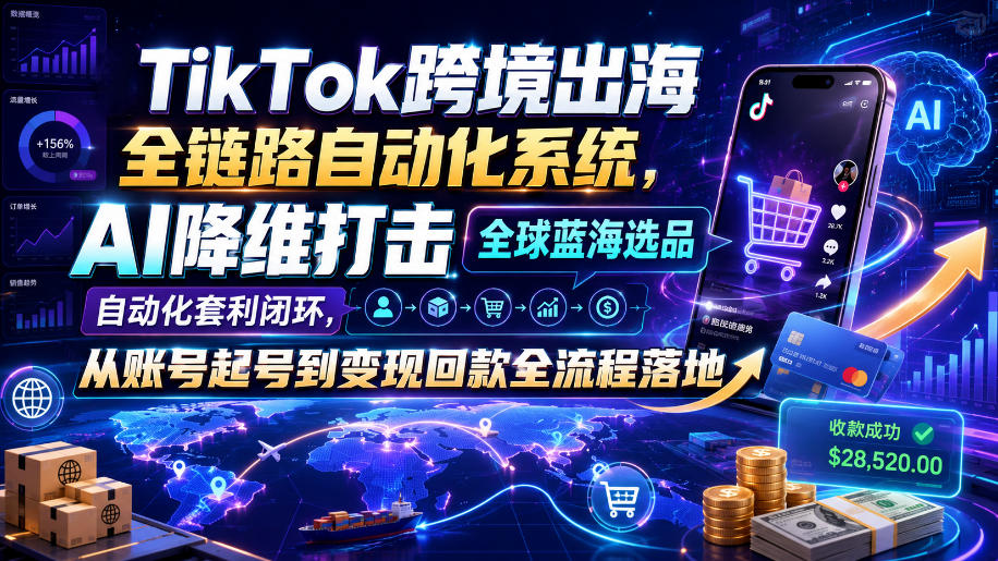 a3bc50d44a4f20dd701a107383ccf158.jpeg TikTok跨境出海全链路自动化系统,AI降维打击全球蓝海选品自动化套利闭环,从账号起号到变现回款全流程落地(2026年7月)