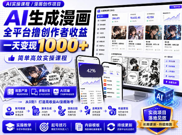 AI生成漫画全平台撸创作者收益内部课程，实操最高单日变现1k+-鼎铸网