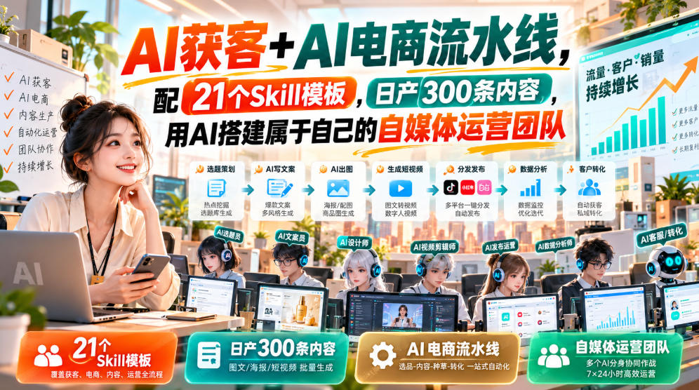 AI获客+AI电商流水线，配21个Skill模板，日产300条内容，用AI搭建属于自己的自媒体运营团队-鼎铸网