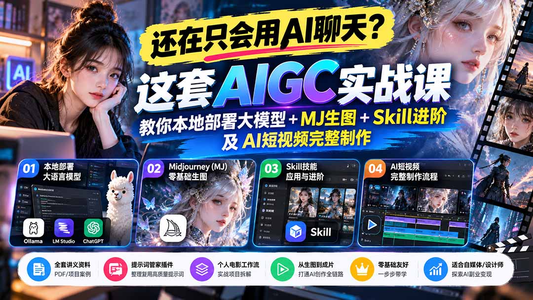 a55c61296269521c4d8c435be64b32a8.jpeg 【无水印】还在只会用AI聊天?这套AIGC实战课教你本地部署大模型+MJ生图+Skill进阶及AI短视频完整制作