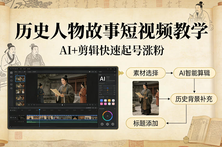 a565f41a1162a045dba85faf6c3a8973.jpeg 历史人物故事短视频教学,AI+剪辑制作历史人物题材短视频,快速起号涨粉