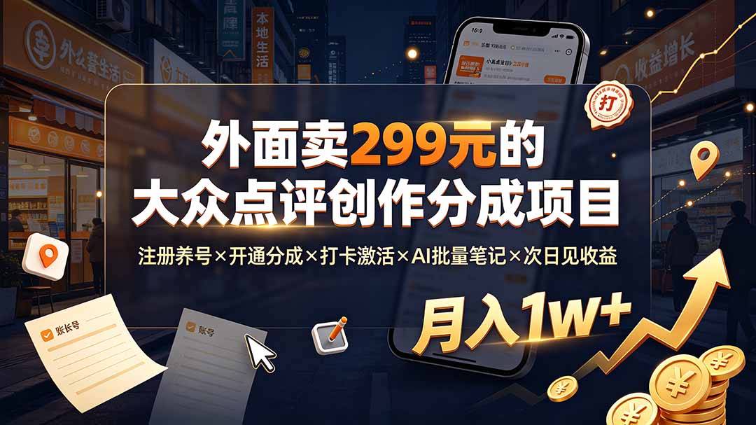 a576f6cc2bd3c213589e82c7a6066fb0.jpeg 外面卖299元的大众点评创作分成项目:注册养号×开通分成×打卡激活×AI批量笔记×次日见收益,月入1w+