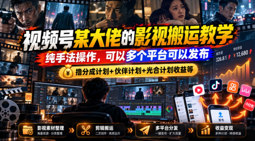 视频号某大佬的影视搬运教学，纯手法操作，可以多个平台可以发布，撸分成计划+伙伴计划+光合计划收益等-鼎铸网