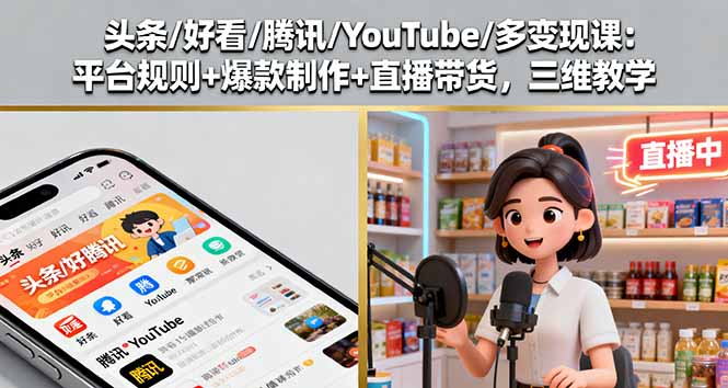 a5f5f3c2d681e395be609d91c0cf770b.jpeg 头条/好看/腾讯/YouTube/多变现课:平台规则+爆款制作+直播带货,三维教学