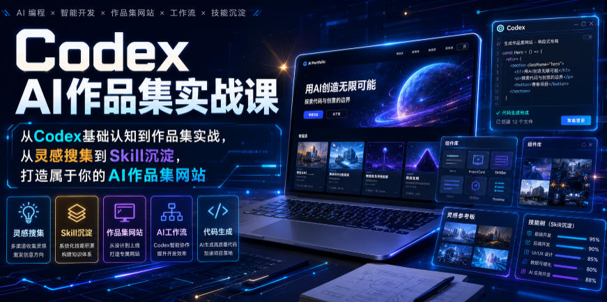 Codex AI作品集实战课，从Codex基础认知到作品集实战，从灵感搜集到Skill沉淀，打造属于你的AI作品集网站-鼎铸网