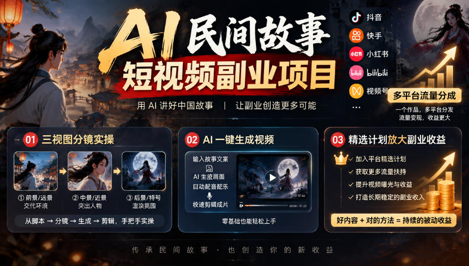 AI民间故事短视频副业项目，多平台流量分成，三视图分镜实操，精选计划放大副业收益-鼎铸网