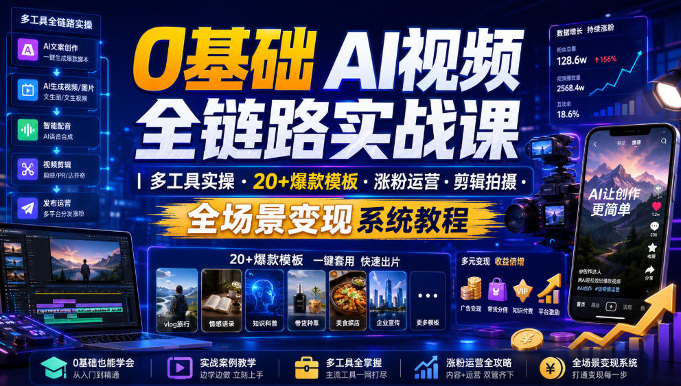 a6f0c89cb07c2cd0cc0be69d8bfa1a68.jpeg 0基础AI视频全链路实战课|多工具实操・20+爆款模板・涨粉运营・剪辑拍摄・全场景变现系统教程