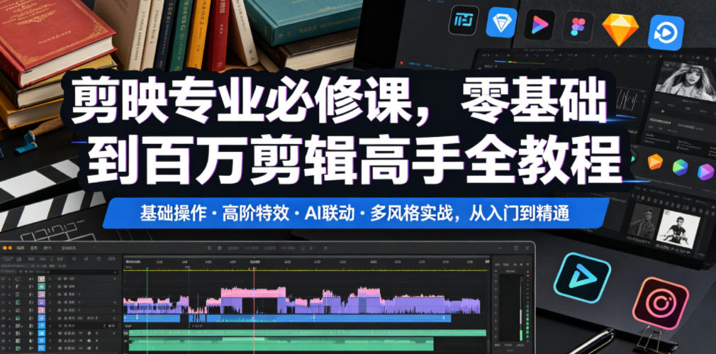 剪映专业必修课,零基础到百万剪辑高手全教程,基础操作・高阶特效・AI联动・多风格实战,从入门到精通-鼎铸网