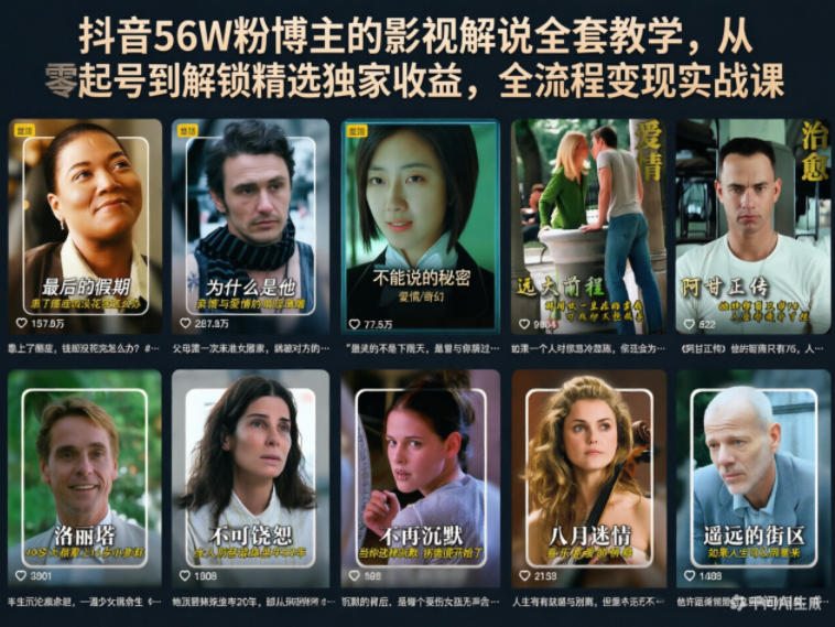 抖音56W粉博主的影视解说全套教学,从零起号到解锁精选独家收益,全流程变现实战课-鼎铸网