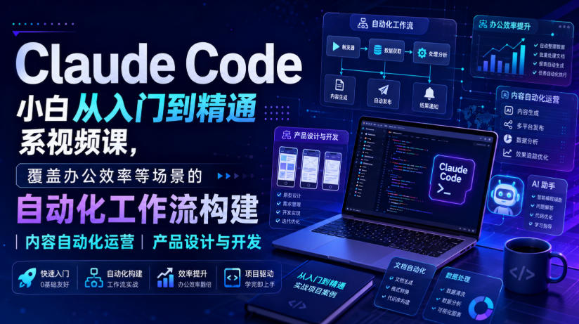 Claude Code小白从入门到精通系视频课,覆盖办公效率等场景的自动化工作流构建|内容自动化运营|产品设计与开发-鼎铸网