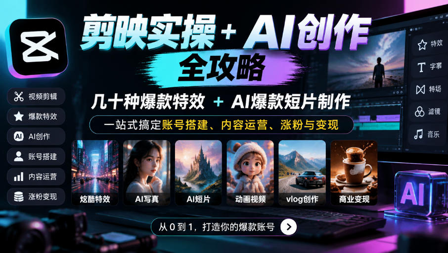 a927cfc5a2846cbdf92c9f869777de16.jpeg 剪映实操+AI创作全攻略|几十种爆款特效+AI爆款短片制作,一站式搞定账号搭建、内容运营、涨粉与变现