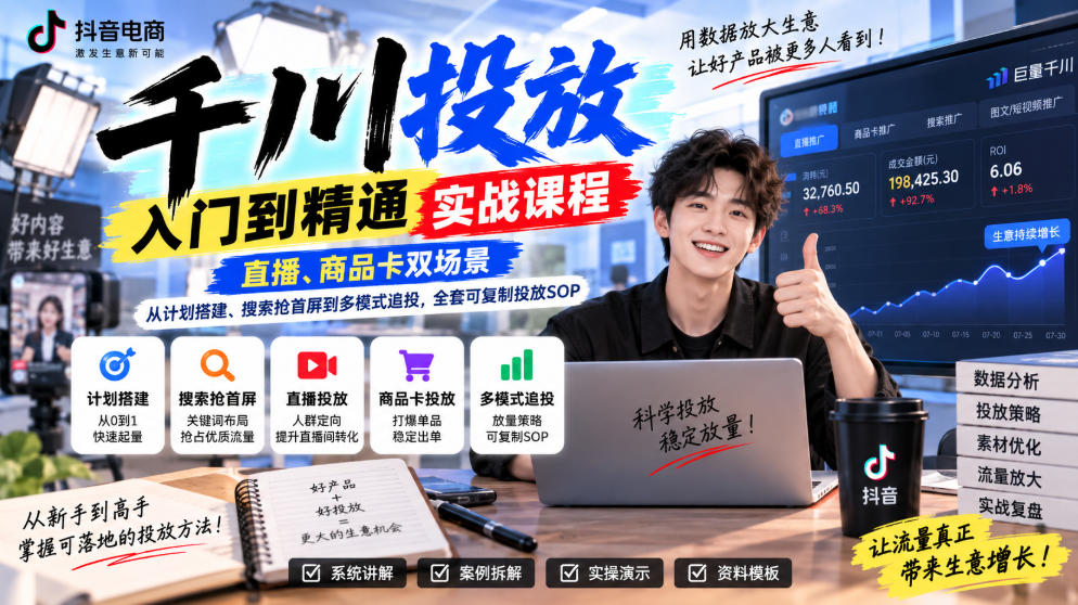 千川投放入门到精通实战课程,直播、商品卡双场景,从计划搭建、搜索抢首屏到多模式追投,全套可复制投放SOP-鼎铸网