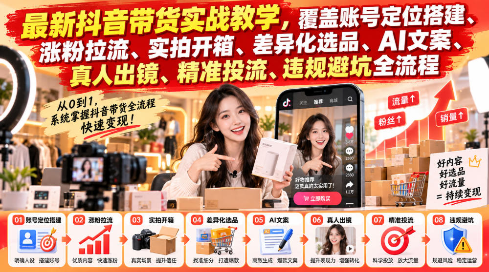 a992b3b0908690aa8017799d104bf217.jpeg 最新抖音带货实战教学,覆盖账号定位搭建、涨粉拉流、实拍开箱、差异化选品、AI文案、真人出镜、精准投流、违规避坑全流程