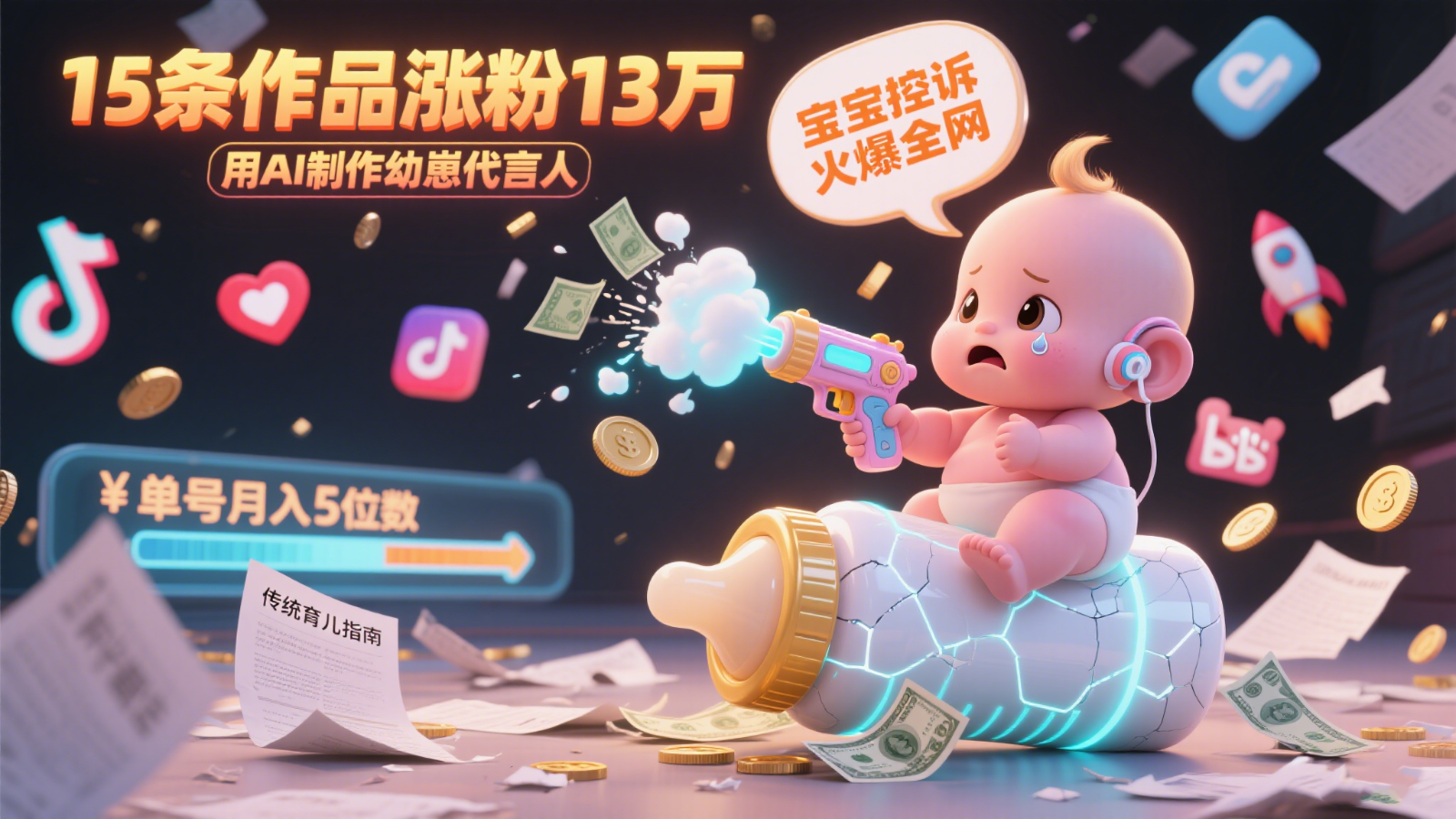 用AI制作幼崽代言人，宝宝的控诉火爆全网，15条作品涨粉13万，单号月入5位数实操教程-鼎铸网