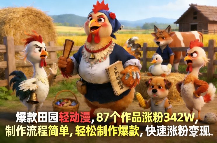 爆款田园轻动漫,87个作品涨粉342W,制作流程简单,轻松制作爆款,快速涨粉变现-鼎铸网