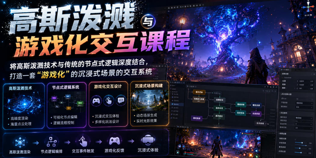 aa6c5066d4b79a9540402c87acd9eb4e.jpeg 高斯泼溅与游戏化交互课程,将高斯泼溅技术与传统的节点式逻辑深度结合,打造一套“游戏化”的沉浸式场景的交互系统