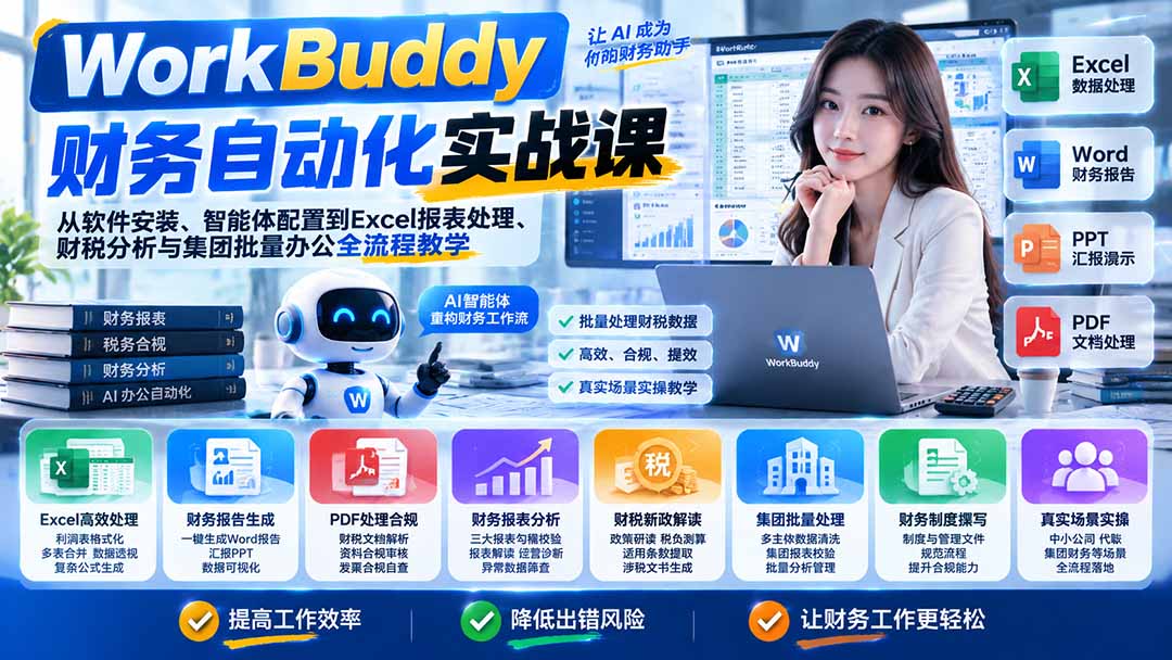 WorkBuddy财务自动化实战课：从软件安装、智能体配置到Excel报表处理、财税分析与集团批量办公全流程教学-鼎铸网