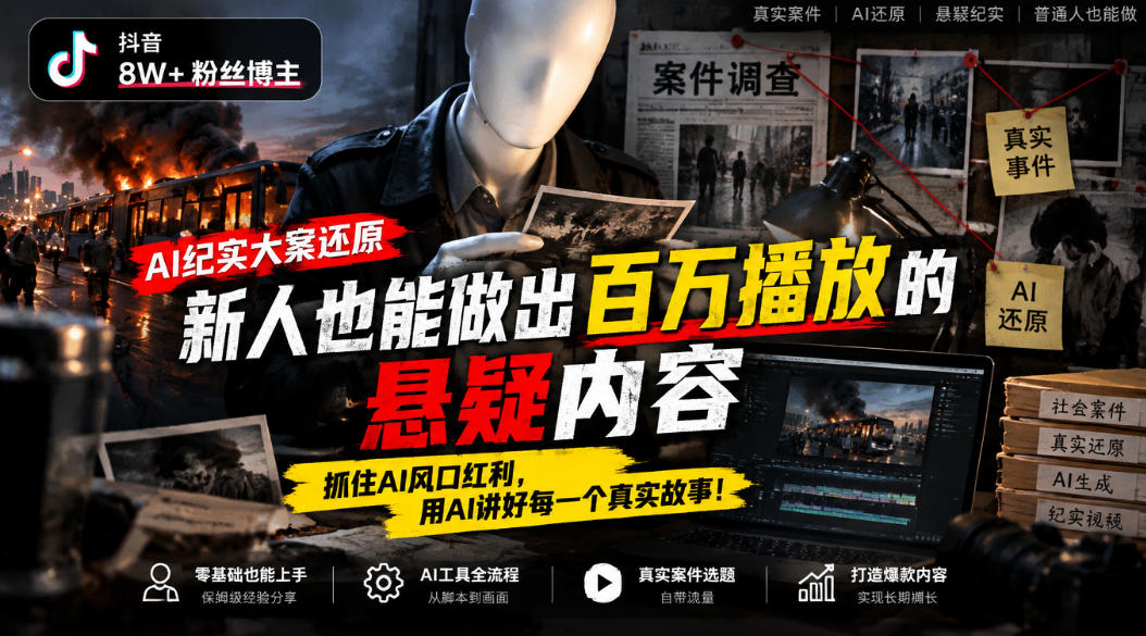 抖音8W粉丝博主的AI纪实大案还原教学，新人也能做出百W播放的悬疑内容，抓住AI风口红利，用AI讲好每一个真实故事-鼎铸网