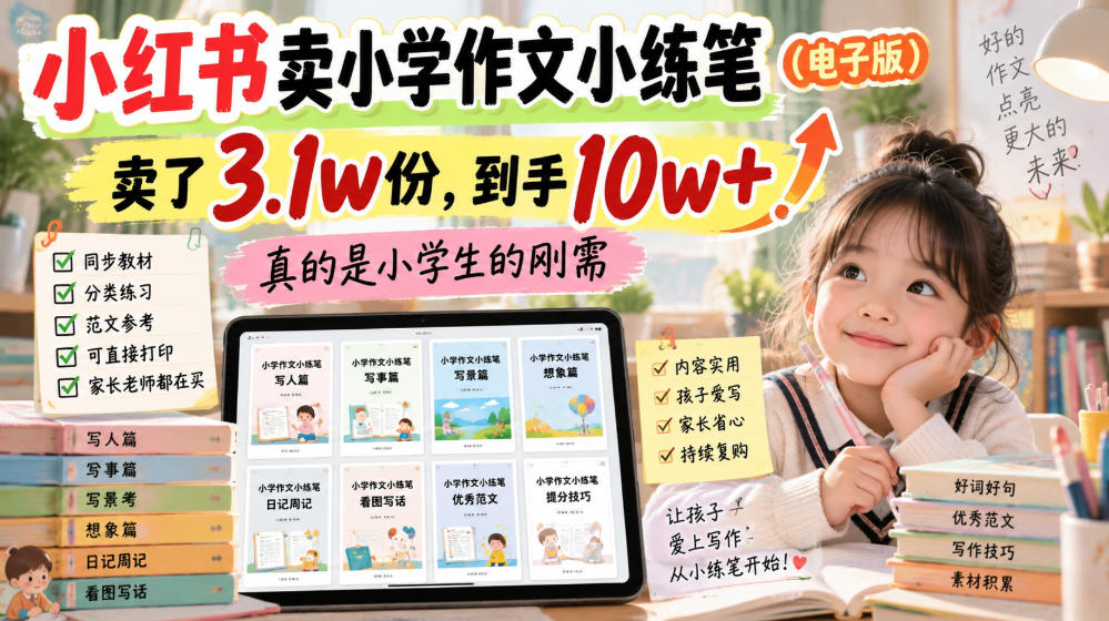 aba07f42af817c990aa7054a82c29f15.jpeg 小红书卖小学作文小练笔(电子版),卖了3.1w份,到手10w+,真的是小学生的刚需
