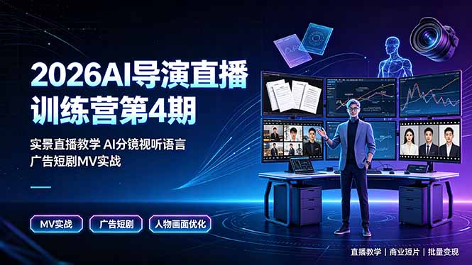 abab6a094b33e8addbbcef817302e096.jpeg 2026AI导演直播训练营第4期,实景直播教学AI分镜视听语言,广告短剧MV实战,解决人物画面崩坏痛点
