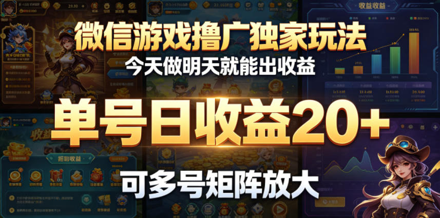 微信游戏撸广独家玩法,今天做明天就能出收益,单号日收益20+,可多号矩阵放大-鼎铸网
