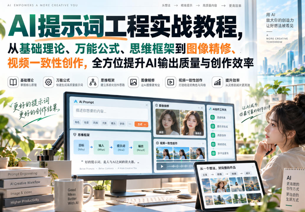ac2a61df9c708c3eeef6324e7d5e46de.jpeg AI提示词工程实战教程,从基础理论、万能公式、思维框架到图像精修、视频一致性创作,全方位提升AI输出质量与创作效率